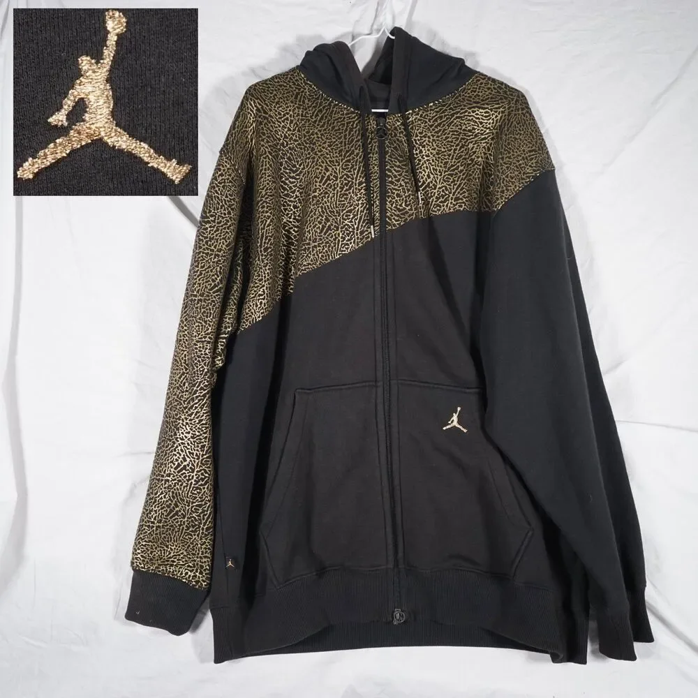 Jordan Cement Print Elephant Hoodie Black Gold XL Full Zip Y2K Rare Vintage